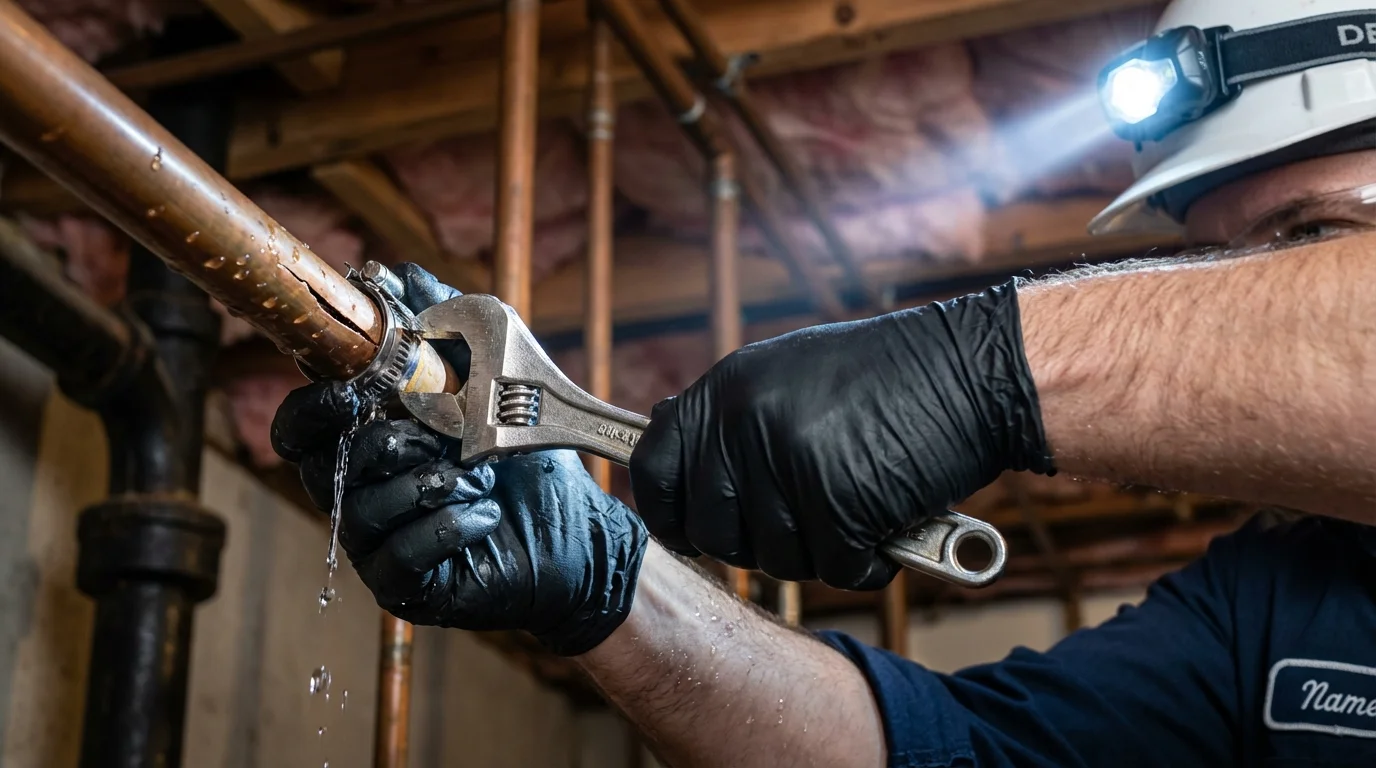 Emergency pipe clamp repair being performed by a Johns Plumbing LLC plumber in Marianna