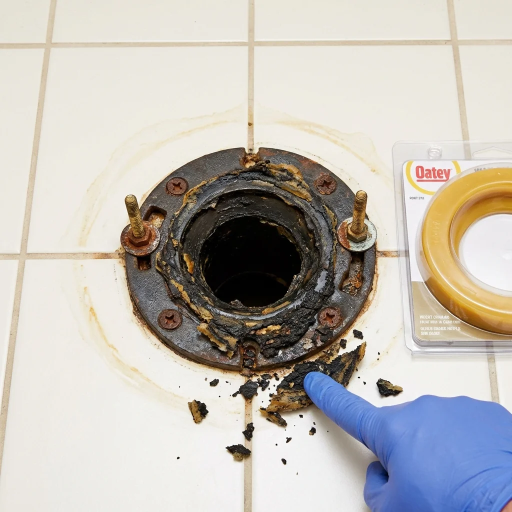 Failed wax ring showing water seepage at the base of a toilet in a Marianna, AR home