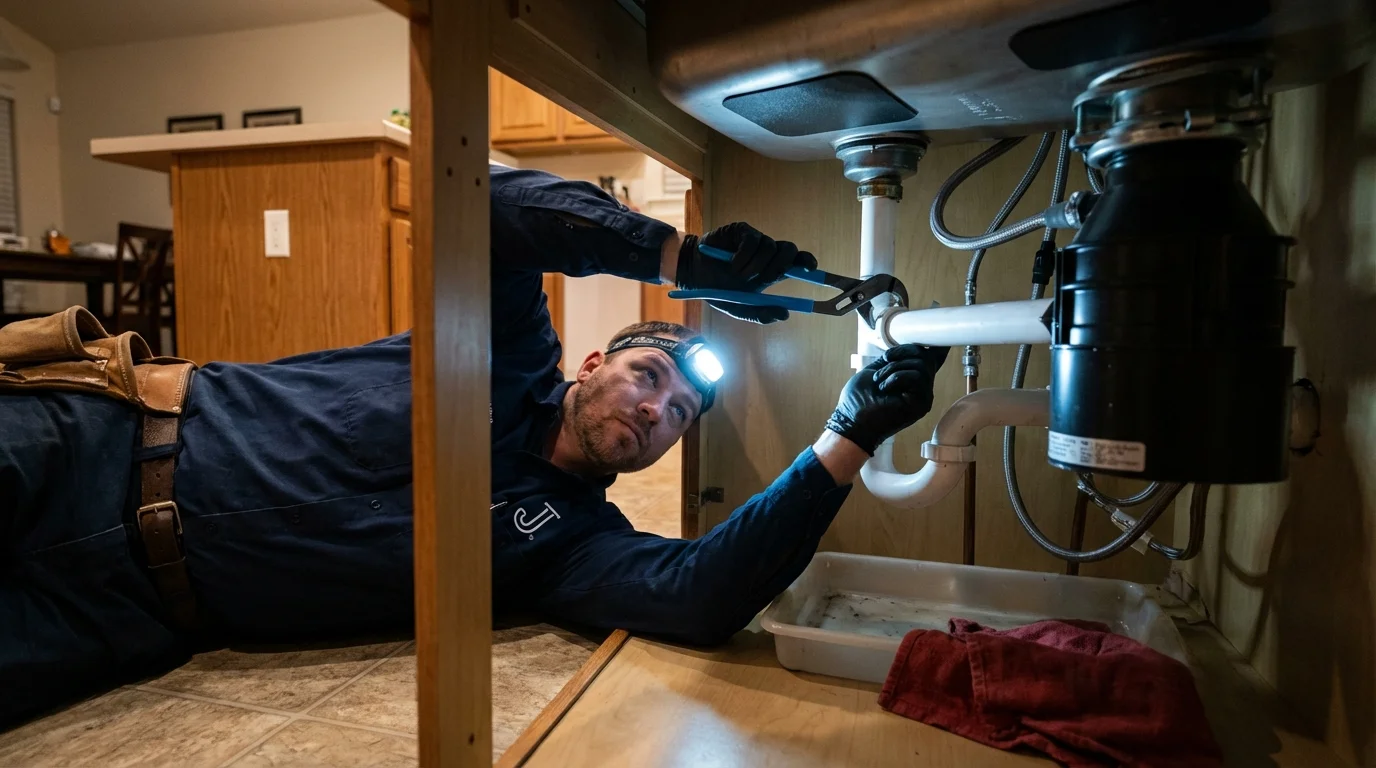 P-trap and supply line connections under a kitchen sink showing a common leak point in Marianna, AR